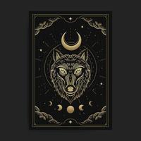 cabeça de lobo com lua crescente com gravura, desenhado à mão, luxo, celestial, esotérico, estilo boho, apto para espiritualista, religioso, paranormal, leitor de tarô, astrólogo ou vetor de tatuagem