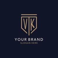 monograma de logotipo inicial vk com design de ícone de escudo de luxo simples vetor