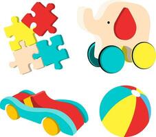 conjunto de quebra-cabeça de brinquedos, elefante, carro, bola com ilustração vetorial isolada de cor divertida vetor