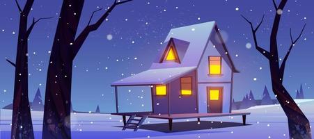 casa de madeira noite na floresta de inverno, velha cabana vetor