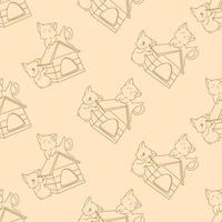 gato doodle fofo e padrão perfeito de desenho de casa de madeira vetor