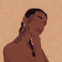 retrato de uma mulher negra com uma tatuagem no rosto. ilustração de moda moderna. vetor