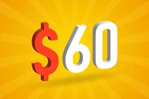 60 usd símbolo de texto 3d. 60 dólares do estado unido 3d com vetor de estoque de dinheiro americano de fundo amarelo