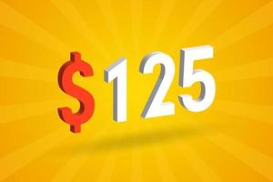 125 usd símbolo de texto 3d. 125 dólares do estado unido 3d com vetor de estoque de dinheiro americano de fundo amarelo