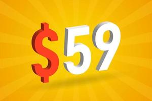 59 usd símbolo de texto 3d. 59 dólares do estado unido 3d com vetor de estoque de dinheiro americano de fundo amarelo