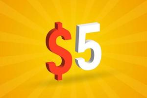 5 usd símbolo de texto 3d. 5 dólares do estado unido 3d com vetor de estoque de dinheiro americano de fundo amarelo