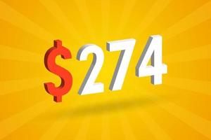 274 usd símbolo de texto 3d. 274 dólares do estado unido 3d com vetor de estoque de dinheiro americano de fundo amarelo