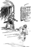 homem correndo atrás de criança, ilustração vintage vetor