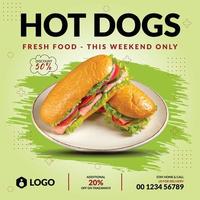 super deliciosos cachorros-quentes e menu de comida de restaurante modelo de design de postagem de banner de promoção de mídia social vetor