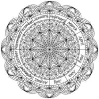 contorno mandala meses do ano, página para colorir meditativa com elementos ornamentados vetor