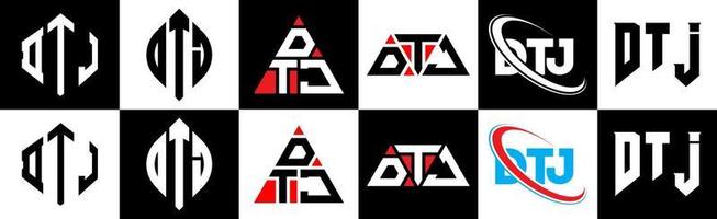 design de logotipo de letra dtj em seis estilo. dtj polígono, círculo, triângulo, hexágono, estilo plano e simples com logotipo de carta de variação de cor preto e branco definido em uma prancheta. dtj logotipo minimalista e clássico vetor