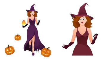 Avatar de bruxa bonita do outono para jogo ou publicidade garota mágica do  dia das bruxas com chapéu grande e folhas amarelas vestido antigo