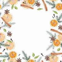 moldura de férias de natal decorada com laranjas, árvore perene, aquarela de especiarias desenhada à mão para têxteis, guardanapos, cartões de presente, papel de presente vetor