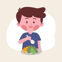 menino garoto comendo legumes saudáveis vetor