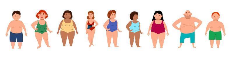 conjunto com diferentes pessoas gordas. homens e mulheres com excesso de peso. vetor
