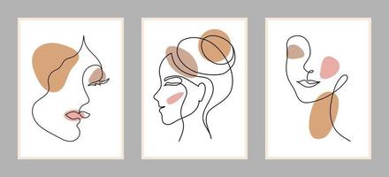 conjunto de cartazes com retratos de mulheres no estilo de linha artística com manchas de cor. ilustração vetorial vetor