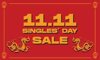 dia dos solteiros 11.11 dia de compras chinês 11 de novembro com dois dragões e ilustração vetorial de ornamento chinês. para pôster, banner, convite de cartão, mídia social vetor