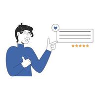 homem feliz dando feedback positivo ao serviço. satisfação do cliente de classificação de cinco estrelas. conceito de revisão. ilustração vetorial em estilo simples, isolado no fundo branco vetor