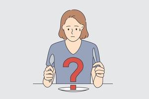sentindo dúvida e conceito inseguro. personagem de desenho animado jovem mulher frustrada sentado à mesa com garfo e faca olhando para o prato com ponto de interrogação vermelho nele ilustração vetorial