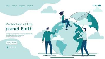 proteção do planeta terra.as pessoas estão protestando contra a destruição da camada de ozônio.proteção ambiental contra as emissões de gases de efeito estufa..o modelo da página de destino. vetor