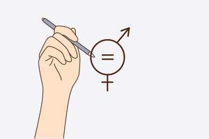 conceito de igualdade de gênero. mão humana desenhando sinal de igual dentro do sinal de símbolos de homem e mulher significando igualdade sobre ilustração vetorial de fundo cinza vetor