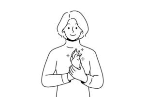 sorridente jovem segurando o coração nas mãos. fêmea feliz demonstra coração saudável. problemas cardiovasculares e saúde. ilustração vetorial. vetor