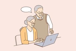 conceito de pessoas e tecnologias sênior. casal de idosos maduros positivos usando laptop juntos aprendendo computador se comunicando on-line juntos ilustração vetorial vetor