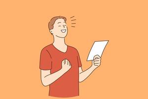 emoções positivas, celebrando o conceito. jovem sorridente menino feliz personagem de desenho animado em pé com nota ou carta se sentindo animado com notícias celebrando a ilustração vetorial vetor