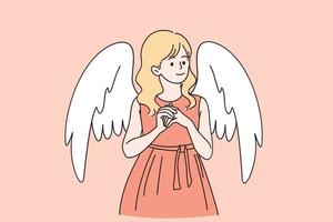 conceito de cartão de dia dos namorados santo. menina bonita loira usando vestido em pé com asas de anjo nas costas parabenizando com ilustração vetorial de férias vetor