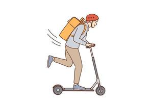 andar de scooter e se divertir conceito. personagem de desenho animado jovem senhora positiva no capacete com mochila andando de scooter e se sentindo animado com a ilustração vetorial de liberdade vetor