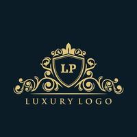 letra lp logotipo com escudo de ouro de luxo. modelo de vetor de logotipo de elegância.