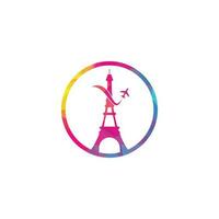 logotipo de viagens da frança. torre eiffel de paris com avião para design de logotipo de viagem vetor