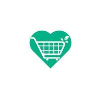 verde folha carrinho de compras coração forma conceito logotipo design inspiração. vetor