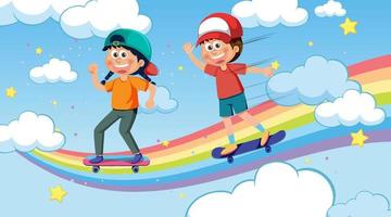crianças brincando de skate no céu de arco-íris vetor