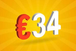 símbolo de texto de vetor 3d de moeda de 34 euros. vetor de estoque de dinheiro da união europeia 3d 34 euros