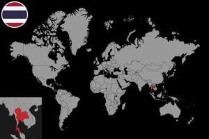 pin mapa com bandeira da Tailândia no mapa do mundo. ilustração vetorial. vetor