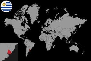 pin mapa com bandeira do uruguai no mapa do mundo. ilustração vetorial. vetor