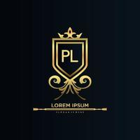 pl letra inicial com royal template.elegant com vetor de logotipo de coroa, ilustração em vetor de logotipo de letras criativas.