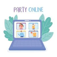 festa online. videochamada de laptop com celebração de pessoas vetor