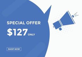 Banner de promoção de venda de mês de dólar de 127 dólares. oferta especial, preço de 127 dólares por mês, botão comprar agora. conceito de marketing de promoção de negócios ou compras vetor