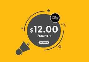 Banner de promoção de venda de mês de dólar de 12 dólares. oferta especial, preço de 12 dólares por mês, botão comprar agora. conceito de marketing de promoção de negócios ou compras vetor