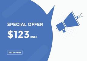 Banner de promoção de venda de mês de dólar de 123 dólares. oferta especial, preço de 123 dólares por mês, botão comprar agora. conceito de marketing de promoção de negócios ou compras vetor