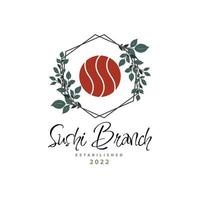 design de modelo de logotipo de beleza de restaurante de comida de folha de ramo de sushi japonês para marca ou empresa e outros vetor