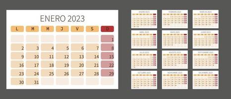 calendário espanhol de 2023. modelo de planejador. layout de calendário com diário de mesa mensal de 12 meses.horizontal. ilustração vetorial simples vetor