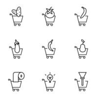 conjunto de símbolos de contorno moderno para lojas de internet, lojas, banners, anúncios. vetor ícones de linha isolada de batata, tomate, banana, berinjela, pêra, papel higiênico, bulbo, vassoura