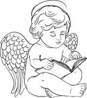 anjo de criança lendo um esboço de livro. desenho vetorial preto e branco. para colorir e desenhar livros. vetor