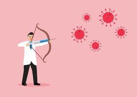 médico lutando com coronavírus por seringa com vacina vetor