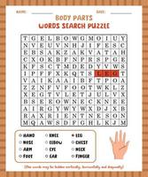 jogo de busca de palavras partes do corpo planilha de quebra-cabeça de busca de palavras para aprender inglês. vetor