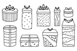 conjunto de presentes em estilo doodle. presentes de aniversário e natal. coleção de presentes com laços. ilustração vetorial. vetor