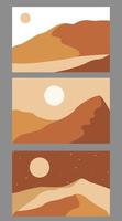 cartazes de paisagem minimalista abstrato moderno. deserto, sol e lua. cena diurna e noturna. cores pastel, tons de terra. estampas boho de meados do século. projeto plano. ilustração vetorial de estoque vetor